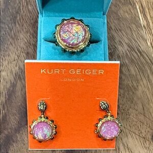 Kurt Geiger Gold-Tone Earrings and Ring set with Pink Iridescent Cabochons